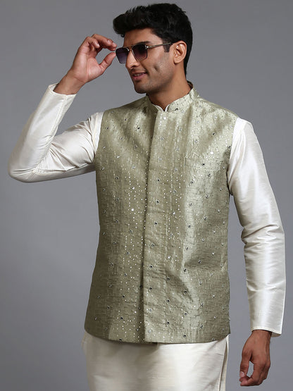 VASTRAMAY Men's Mehndi Green Embellished Jacket