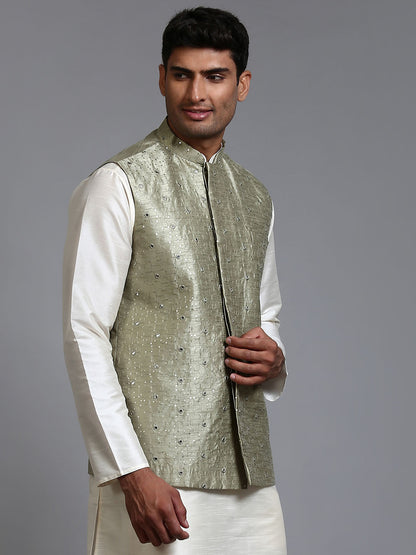 VASTRAMAY Men's Mehndi Green Embellished Jacket