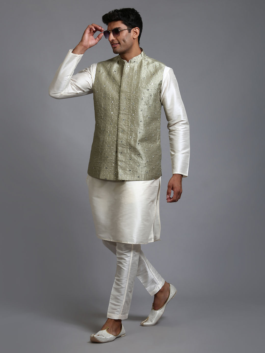 VASTRAMAY Men's Mehndi Green Embellished Jacket with Cream Kurta Pant Set