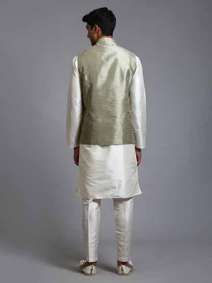 VASTRAMAY Men's Mehndi Green Embellished Jacket with Cream Kurta Pant Set