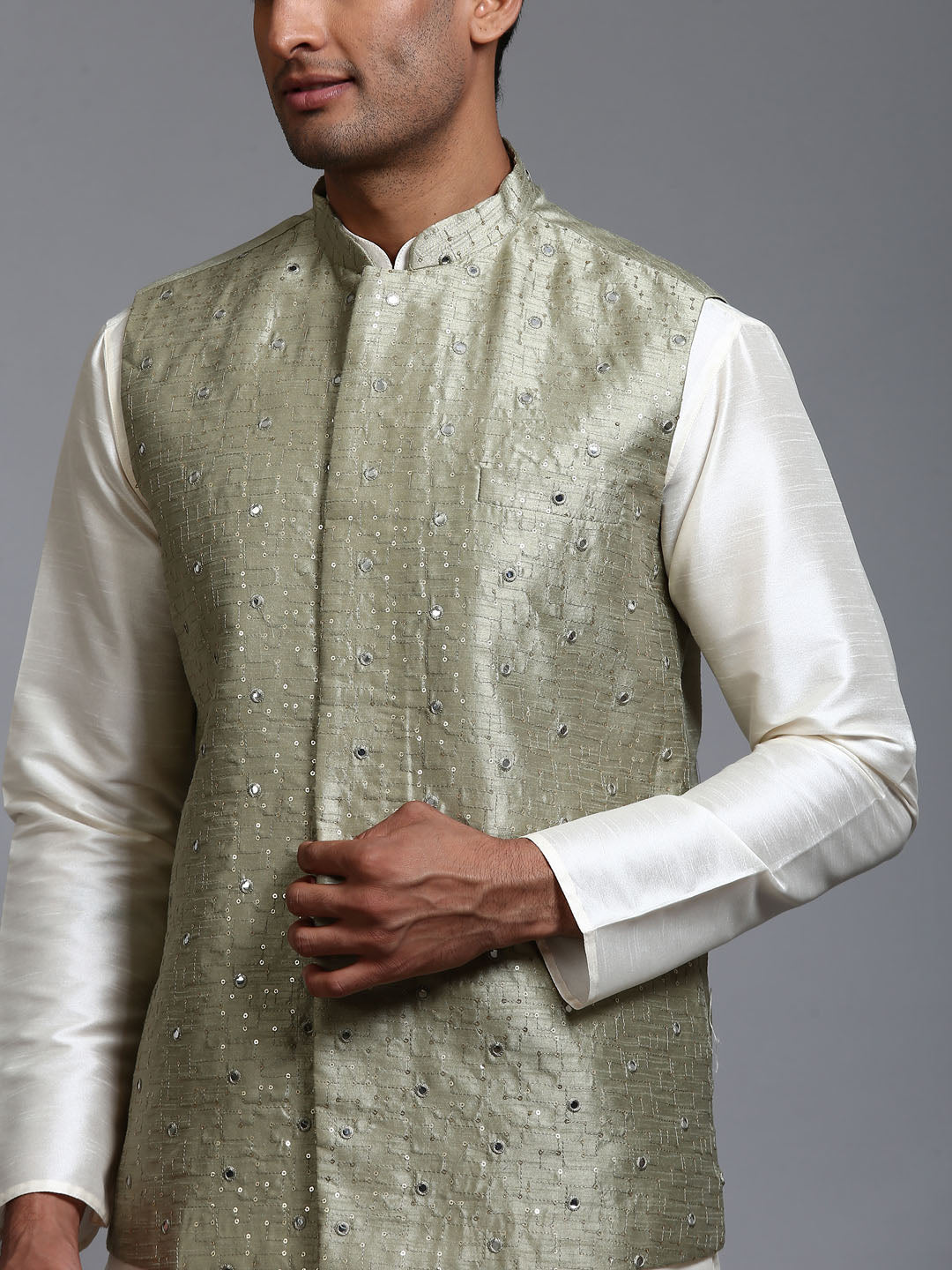 VASTRAMAY Men's Mehndi Green Embellished Jacket with Cream Kurta Pant Set