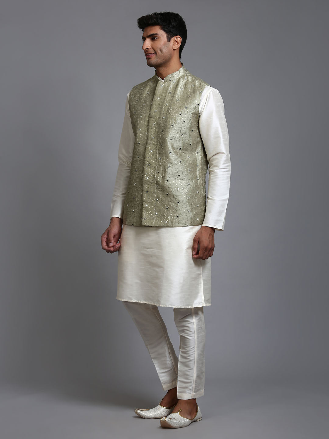 VASTRAMAY Men's Mehndi Green Embellished Jacket with Cream Kurta Pant Set