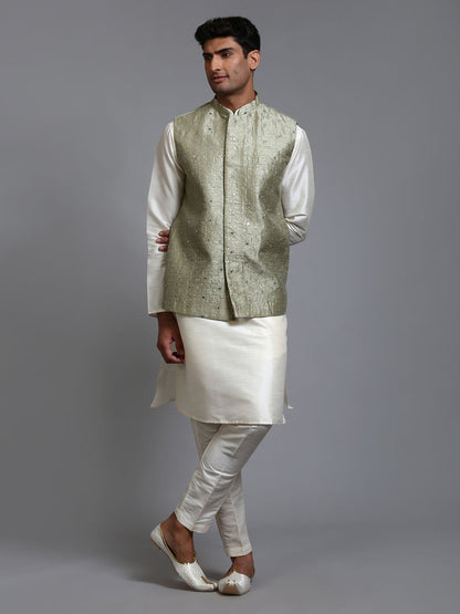 VASTRAMAY Men's Mehndi Green Embellished Jacket with Cream Kurta Pant Set