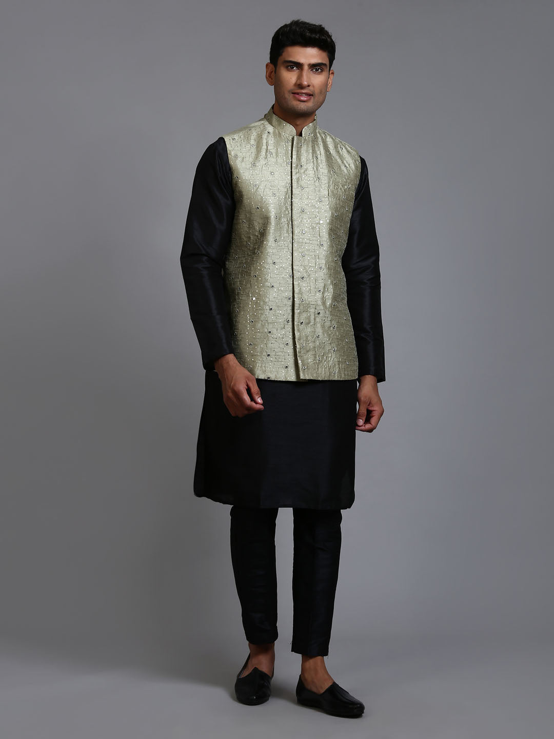 VASTRAMAY Men's Mehndi Green Embellished Jacket with Black Kurta Pant Set