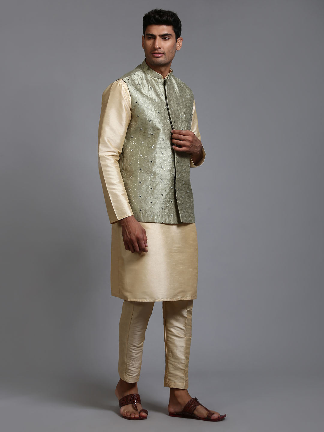 VASTRAMAY Men's Mehndi Green Embellished Jacket with Gold Kurta Pant Set