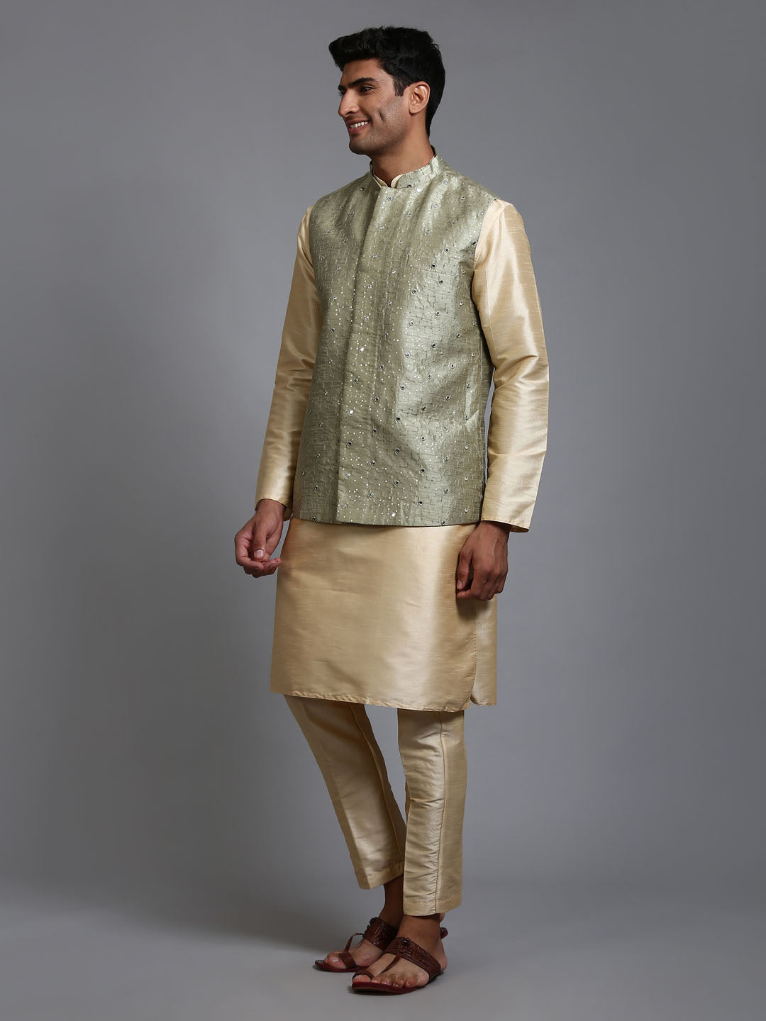 VASTRAMAY Men's Mehndi Green Embellished Jacket with Gold Kurta Pant Set