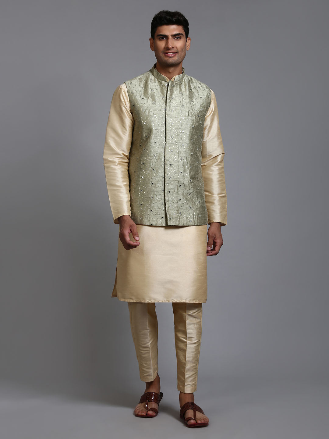 VASTRAMAY Men's Mehndi Green Embellished Jacket with Gold Kurta Pant Set