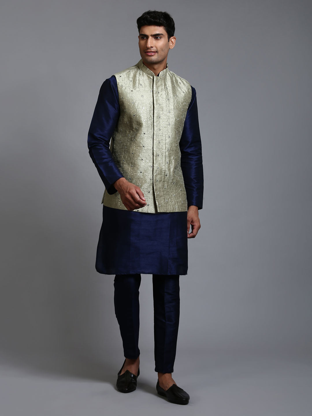 VASTRAMAY Men's Mehndi Green Embellished Jacket with Navy Blue Kurta Pant Set