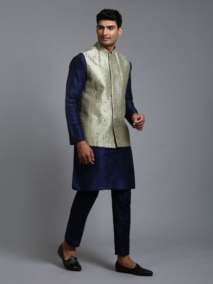 VASTRAMAY Men's Mehndi Green Embellished Jacket with Navy Blue Kurta Pant Set