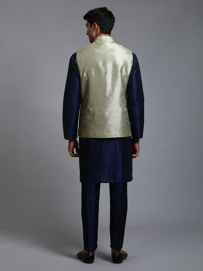 VASTRAMAY Men's Mehndi Green Embellished Jacket with Navy Blue Kurta Pant Set