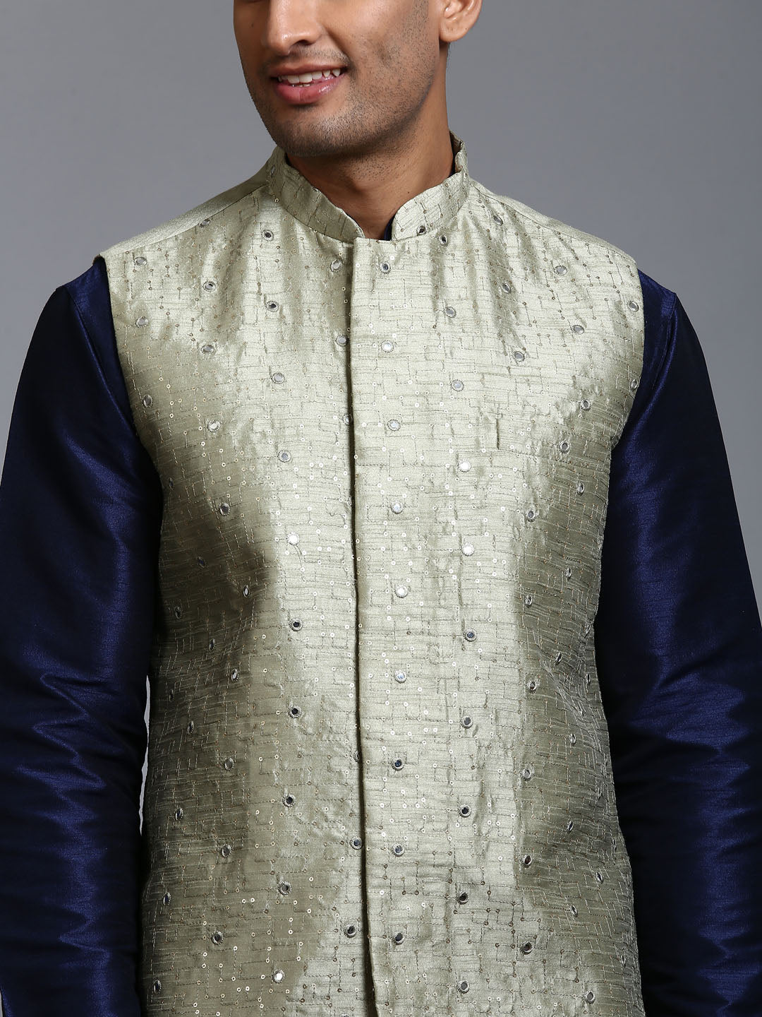 VASTRAMAY Men's Mehndi Green Embellished Jacket with Navy Blue Kurta Pant Set