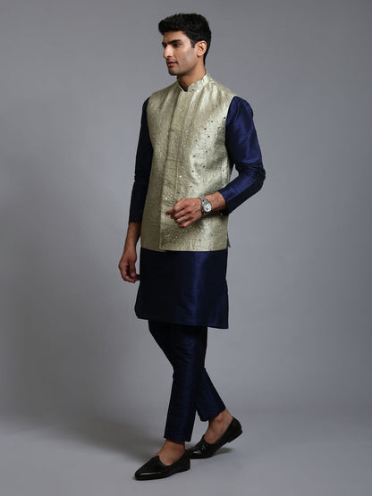 VASTRAMAY Men's Mehndi Green Embellished Jacket with Navy Blue Kurta Pant Set