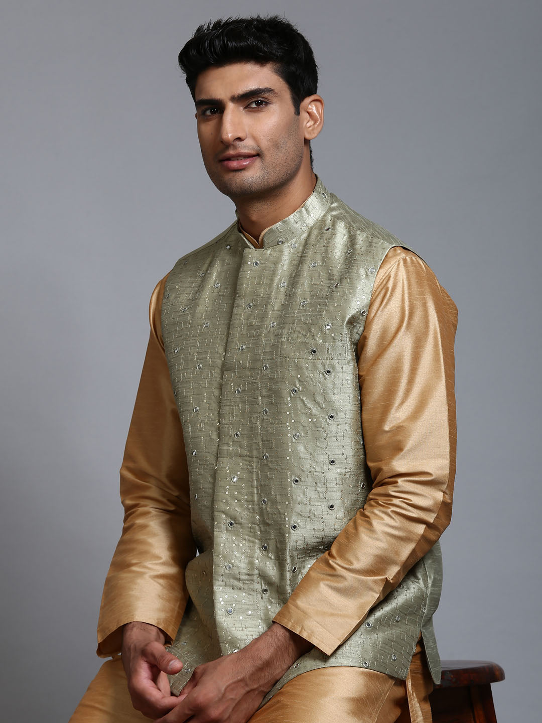 VASTRAMAY Men's Mehndi Green Embellished Jacket with Rose Gold Kurta Pant Set