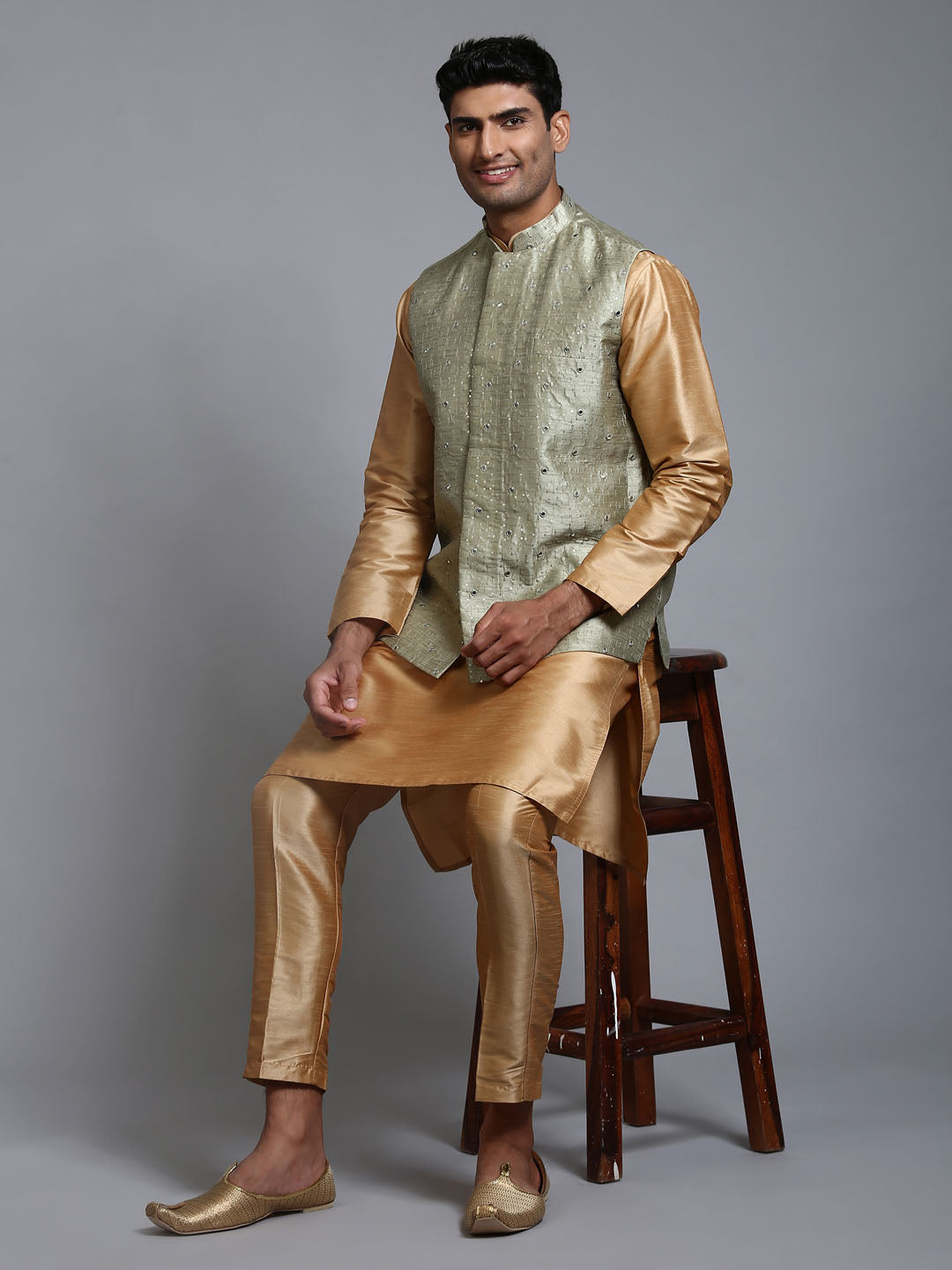 VASTRAMAY Men's Mehndi Green Embellished Jacket with Rose Gold Kurta Pant Set