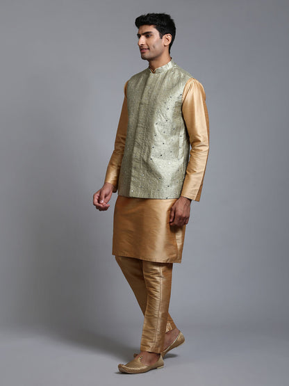 VASTRAMAY Men's Mehndi Green Embellished Jacket with Rose Gold Kurta Pant Set