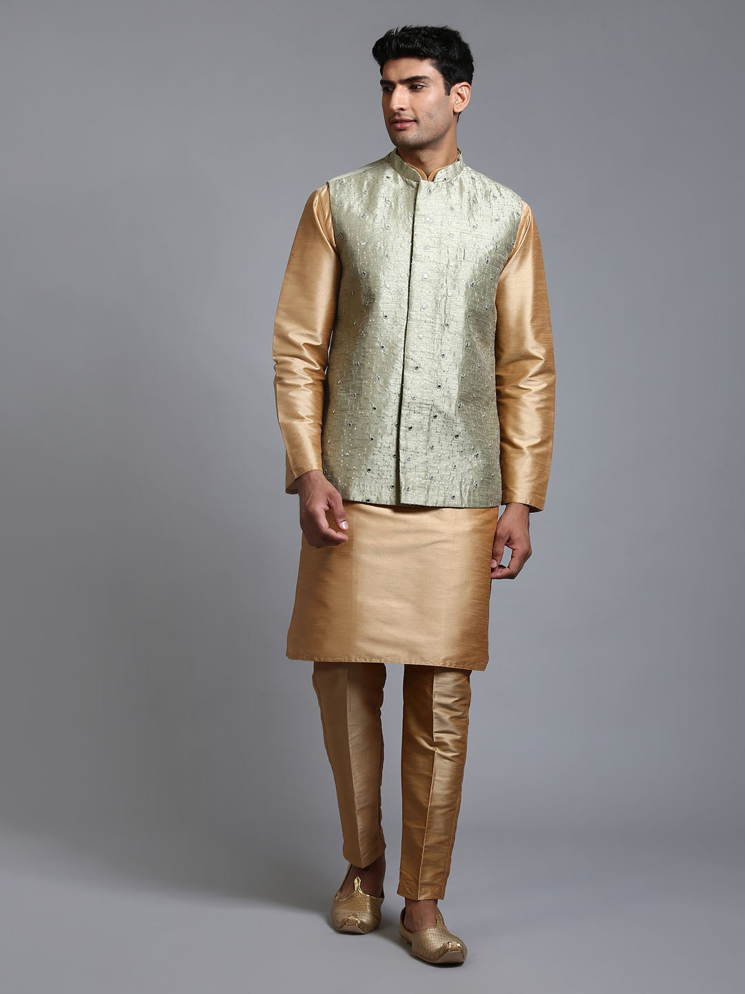 VASTRAMAY Men's Mehndi Green Embellished Jacket with Rose Gold Kurta Pant Set