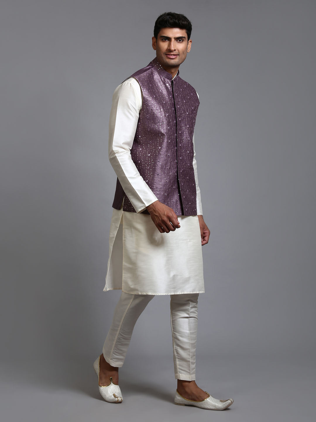 VASTRAMAY Men's Purple Embellished Jacket with Cream Kurta Pant Set