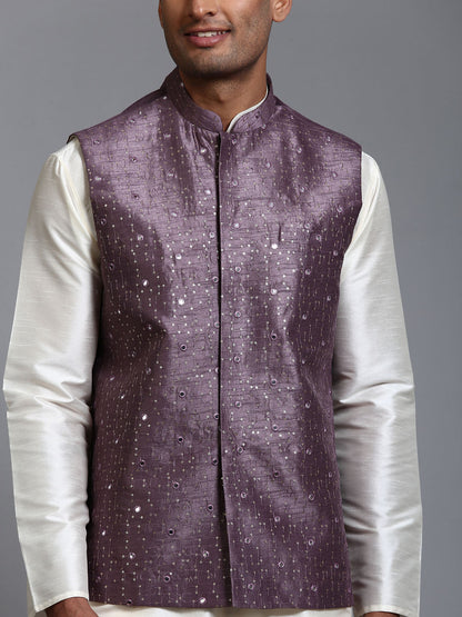 VASTRAMAY Men's Purple Embellished Jacket with Cream Kurta Pant Set