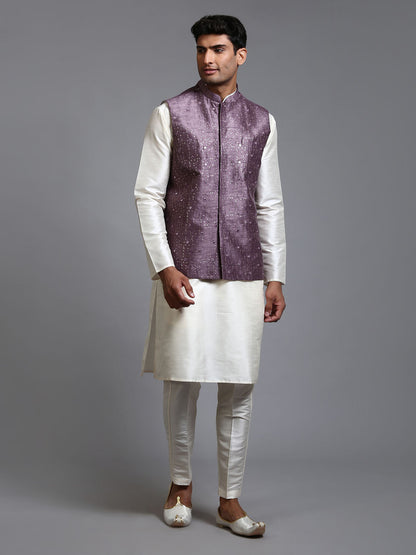 VASTRAMAY Men's Purple Embellished Jacket with Cream Kurta Pant Set