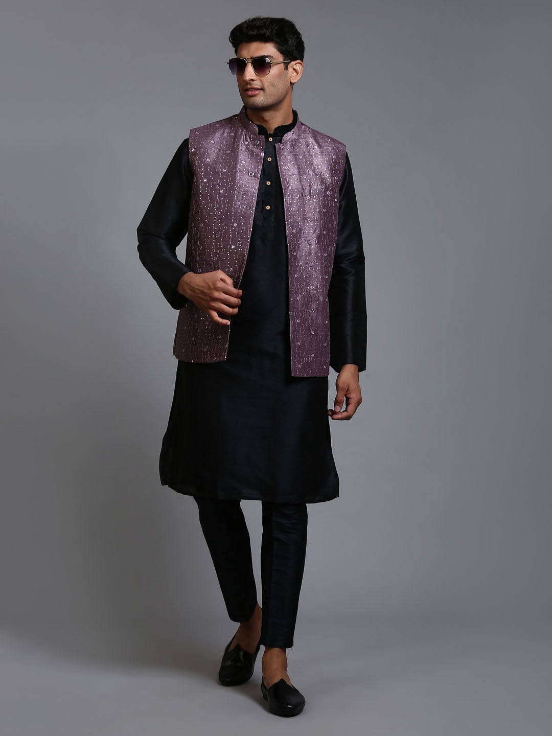 VASTRAMAY Men's Purple Embellished Jacket with Black Kurta Pant Set