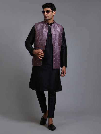 VM BY VASTRAMAY Men's Purple Embellished Jacket with Black Kurta Pant Set