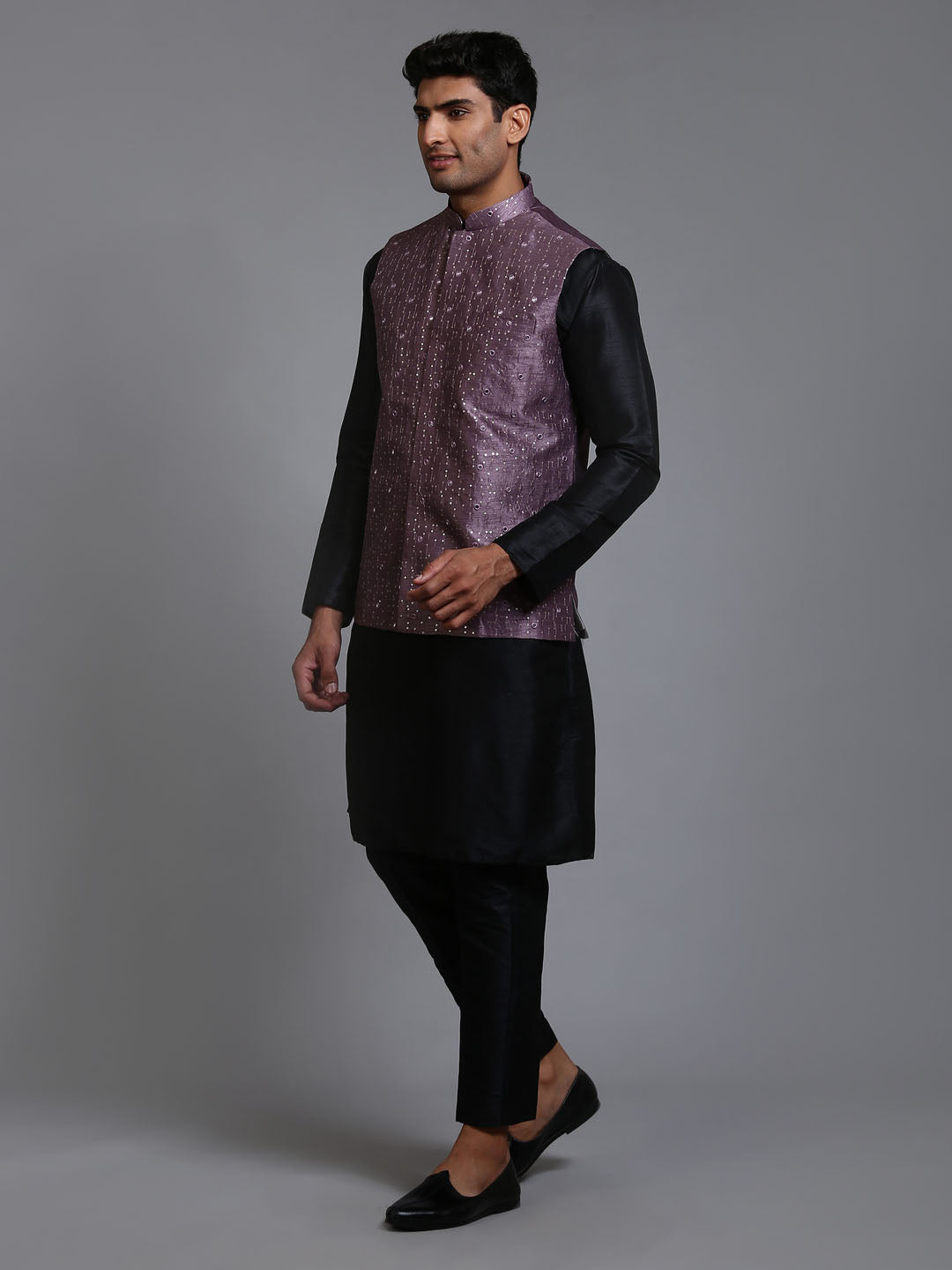 VASTRAMAY Men's Purple Embellished Jacket with Black Kurta Pant Set