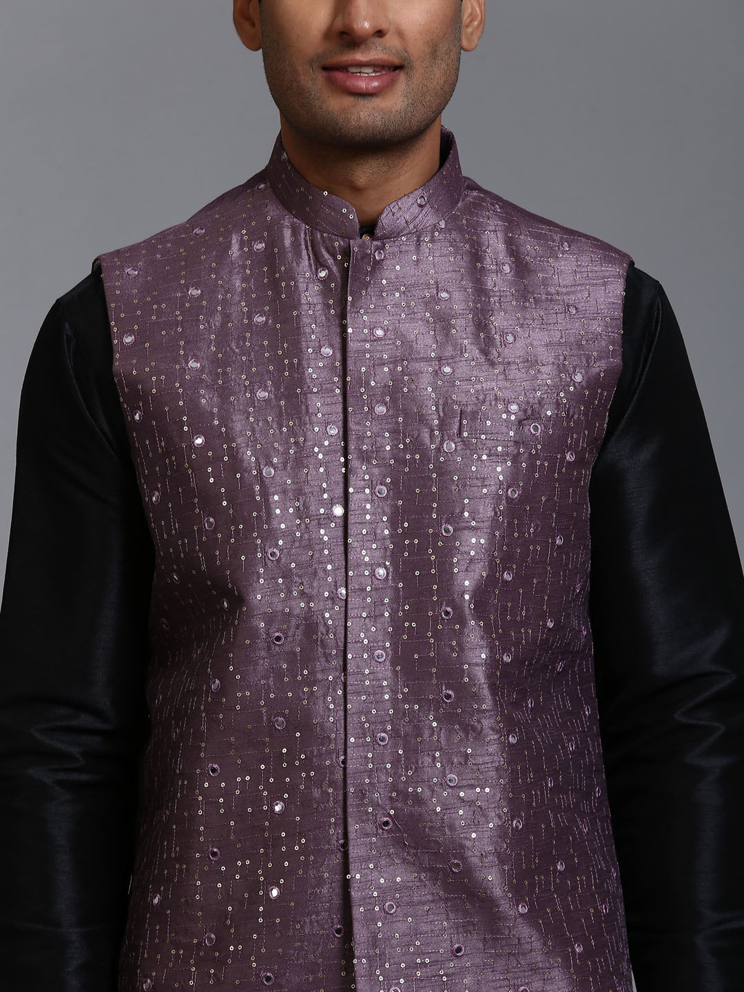 VASTRAMAY Men's Purple Embellished Jacket with Black Kurta Pant Set