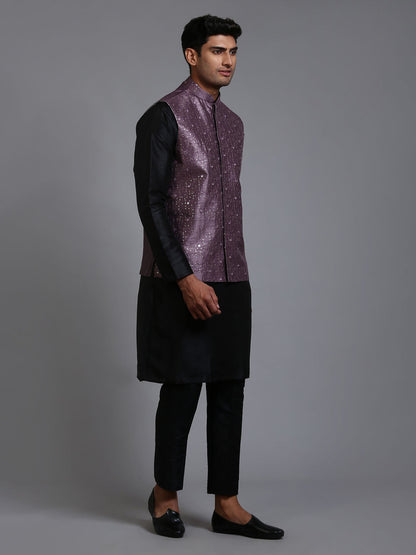 VASTRAMAY Men's Purple Embellished Jacket with Black Kurta Pant Set