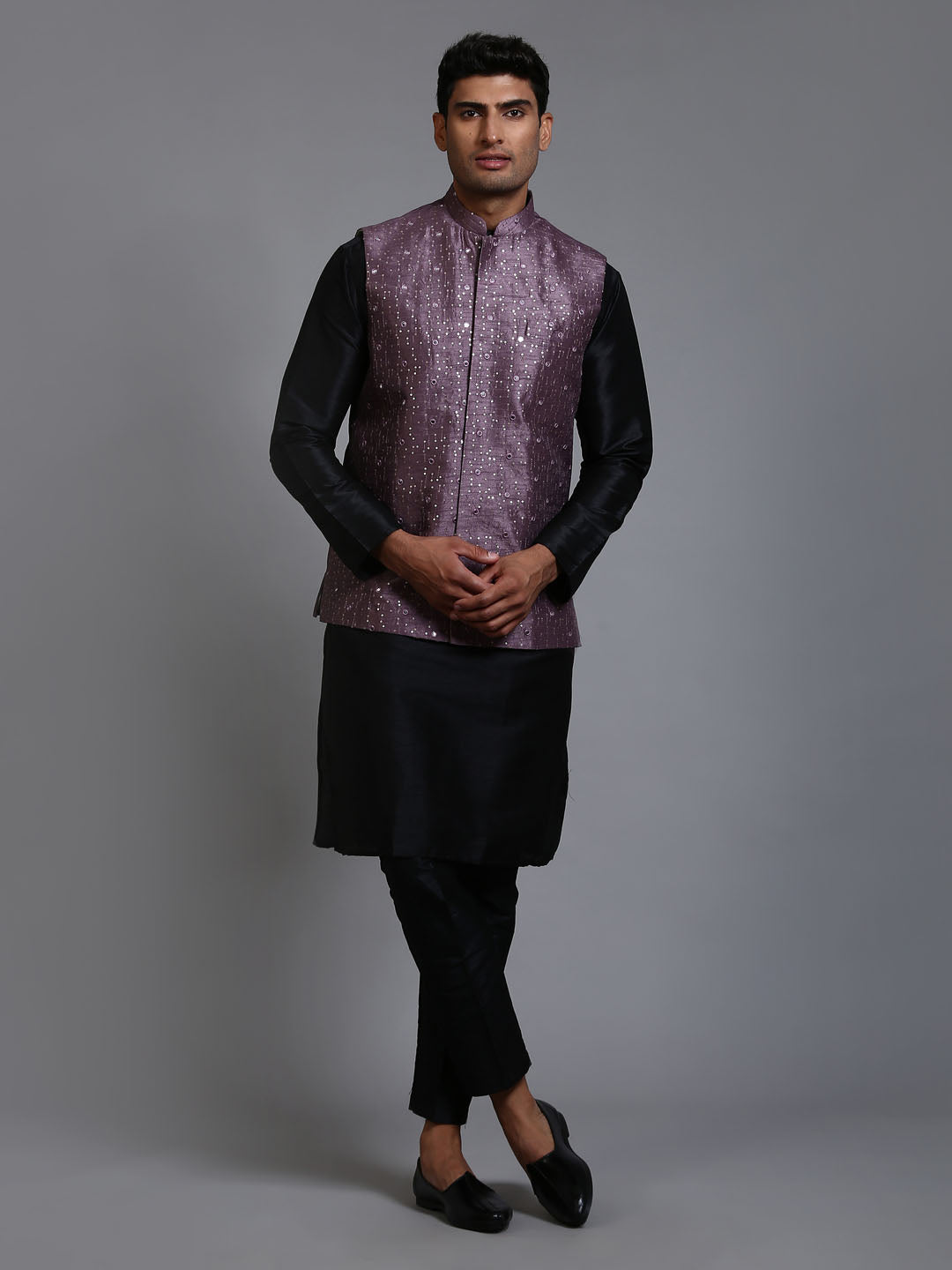 VASTRAMAY Men's Purple Embellished Jacket with Black Kurta Pant Set