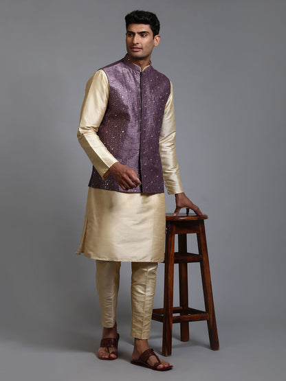 VASTRAMAY Men's Purple Embellished Jacket with Gold Kurta Pant Set