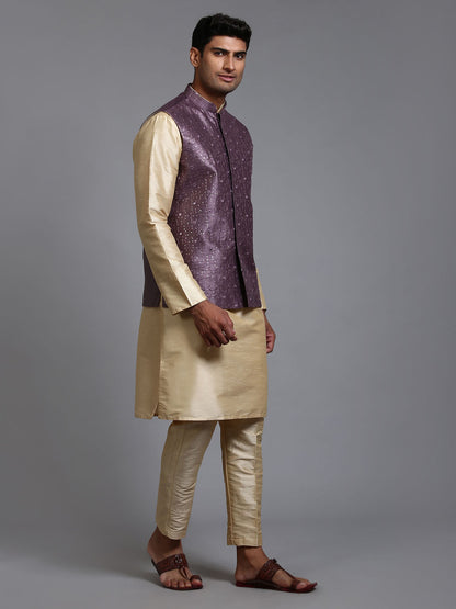 VASTRAMAY Men's Purple Embellished Jacket with Gold Kurta Pant Set