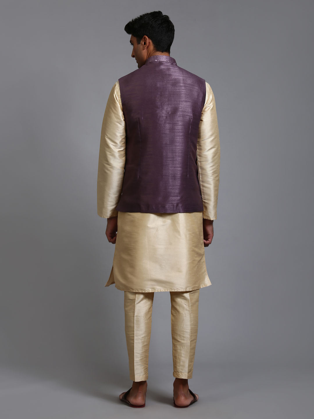 VASTRAMAY Men's Purple Embellished Jacket with Gold Kurta Pant Set