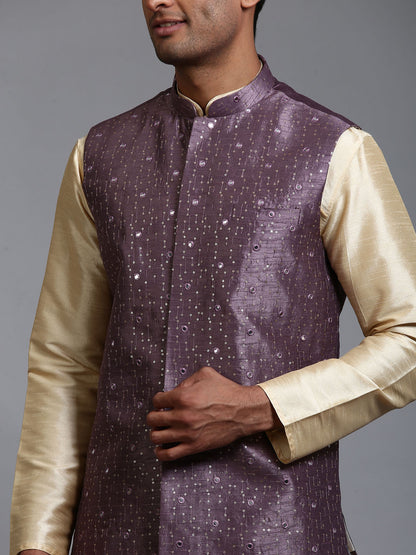 VASTRAMAY Men's Purple Embellished Jacket with Gold Kurta Pant Set