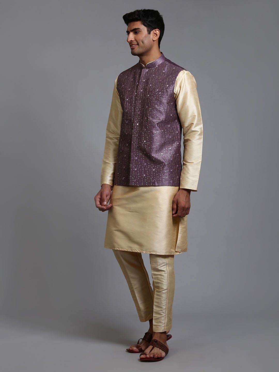 VASTRAMAY Men's Purple Embellished Jacket with Gold Kurta Pant Set