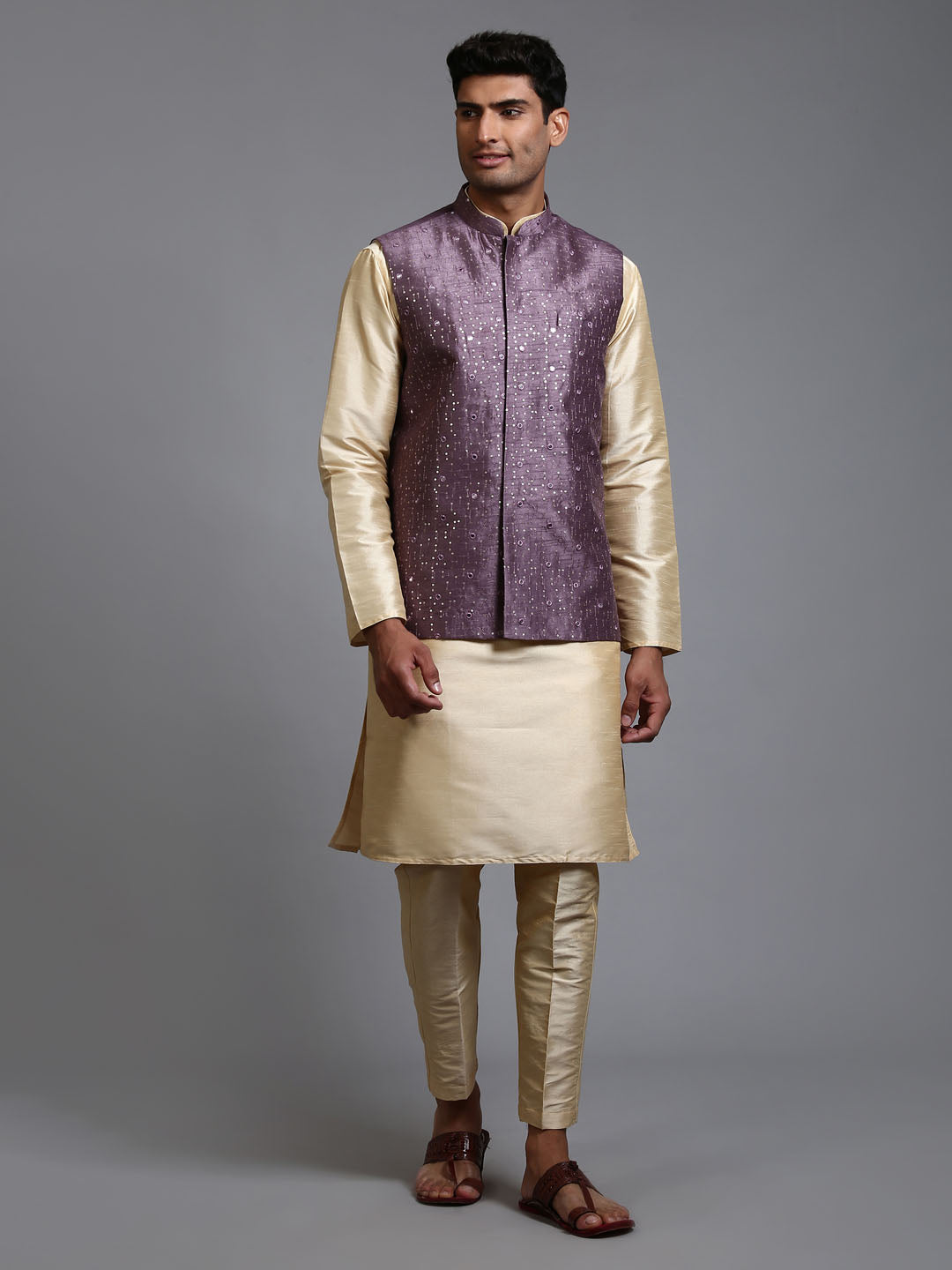 VASTRAMAY Men's Purple Embellished Jacket with Gold Kurta Pant Set