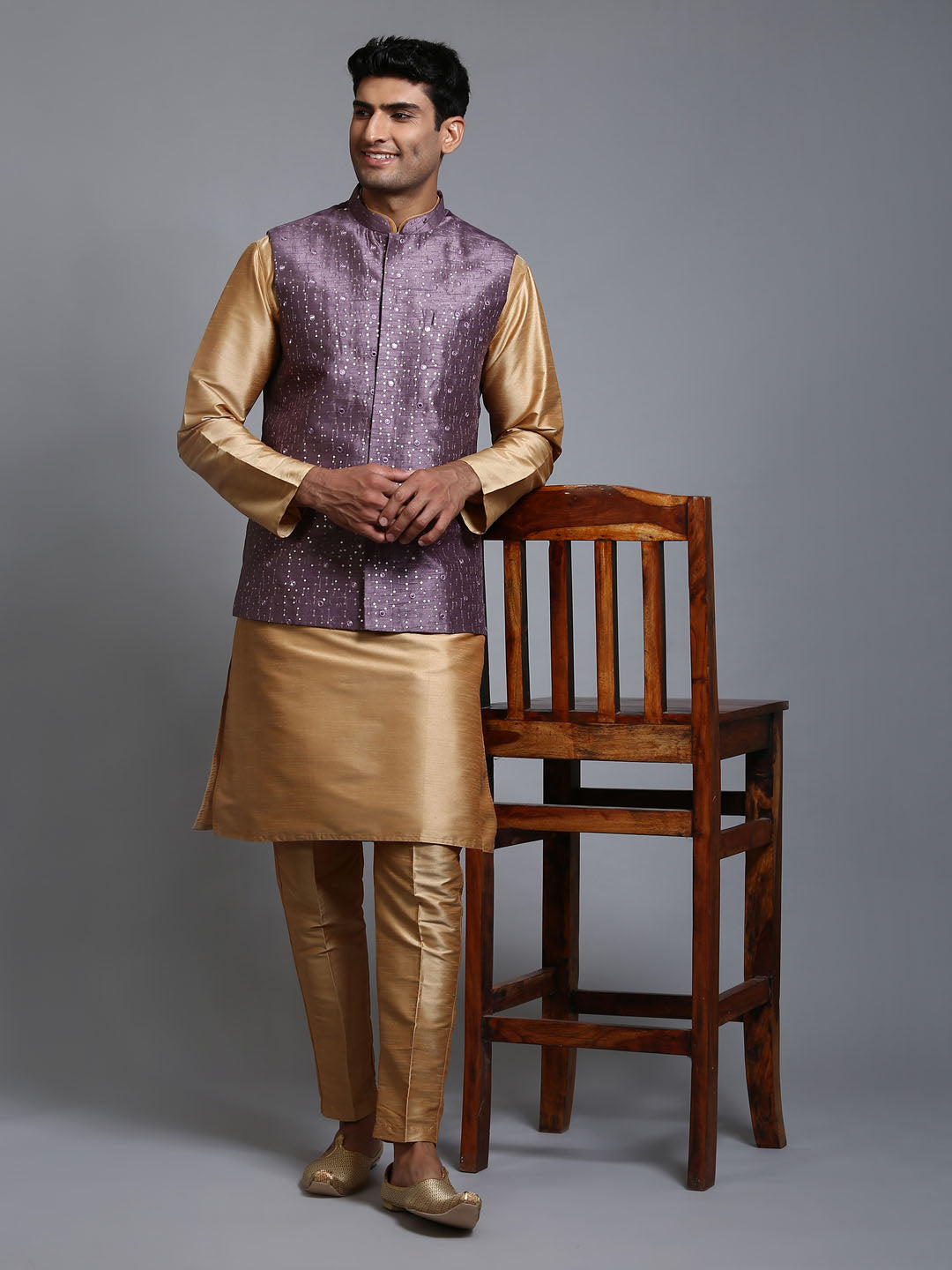 VASTRAMAY Men's Purple Embellished Jacket with Rose Gold Kurta Pant Set