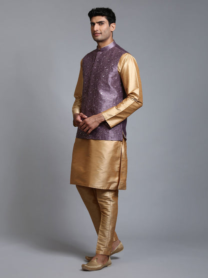 VASTRAMAY Men's Purple Embellished Jacket with Rose Gold Kurta Pant Set