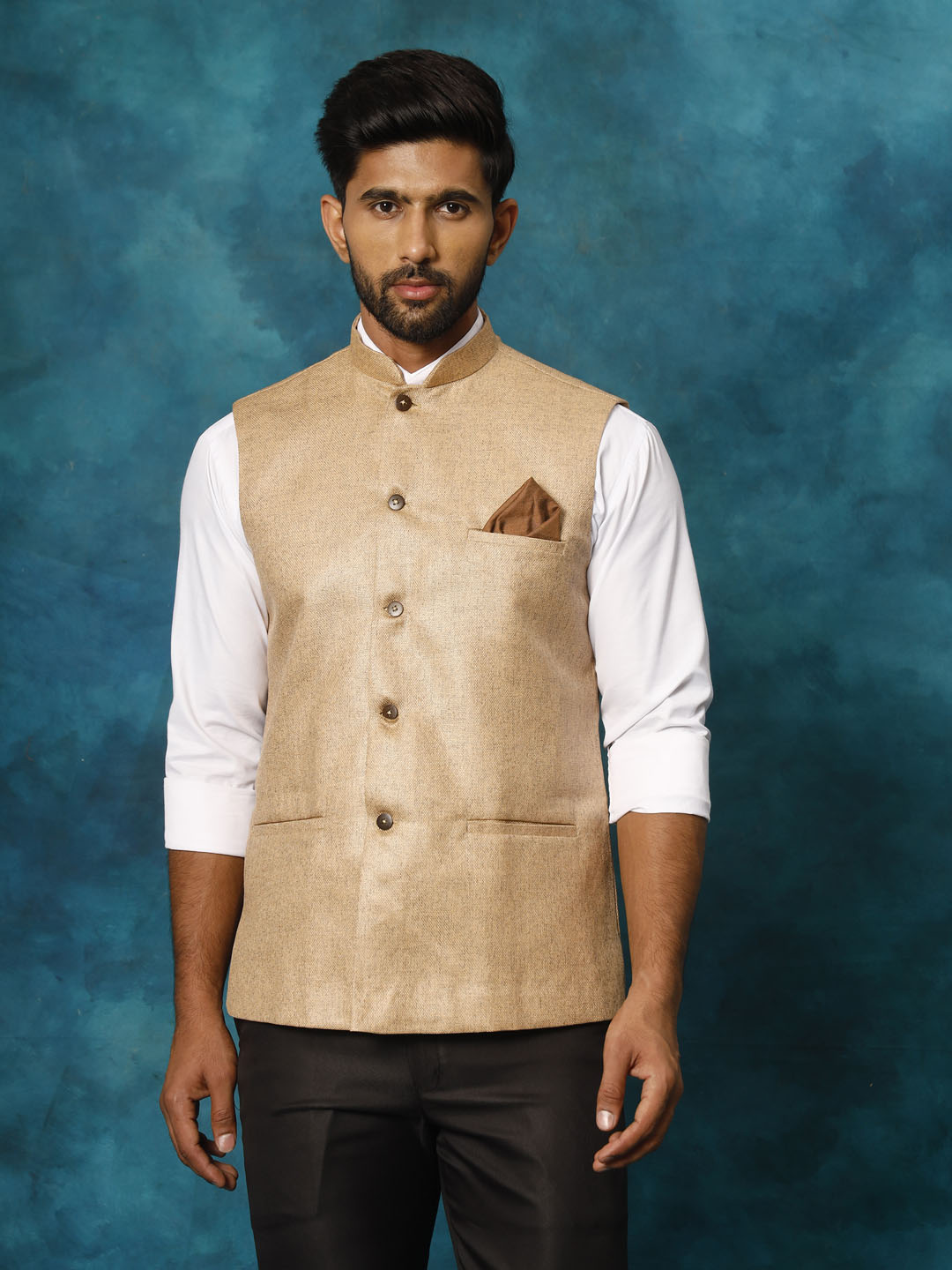 VASTRAMAY Men's Beige Woven Nehru Jacket