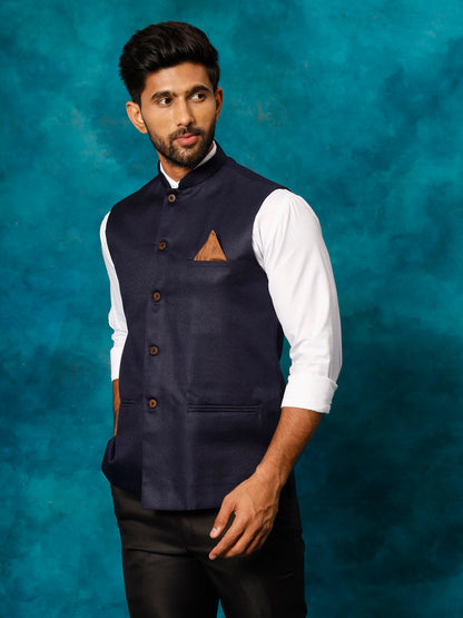 VM BY VASTRAMAY Men's Navy Blue Woven Nehru Jacket