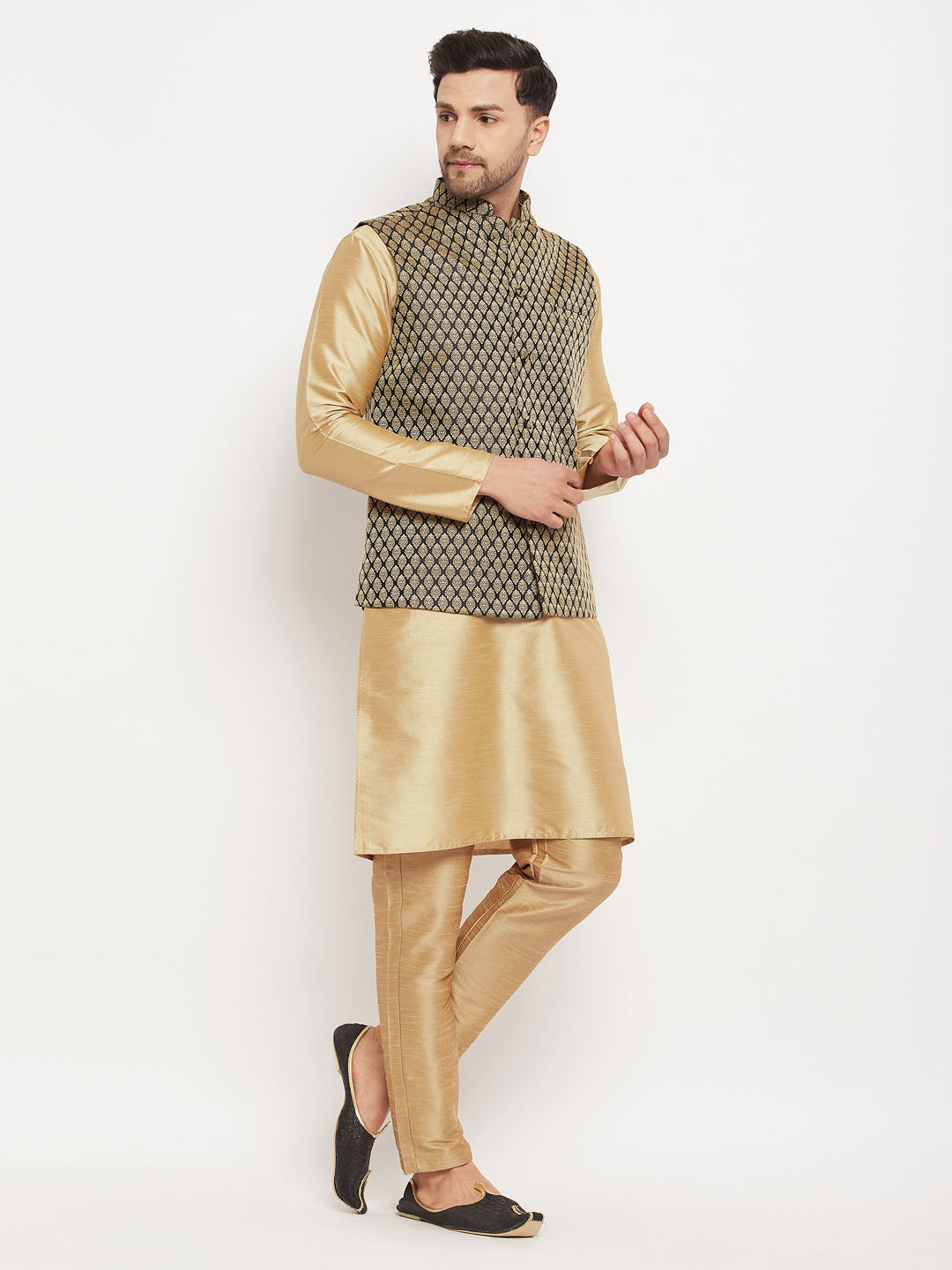 VASTRAMAY Men's Black Ethnic Jacket With Rose Gold Silk Blend Kurta and Pant Style Pyjama Set