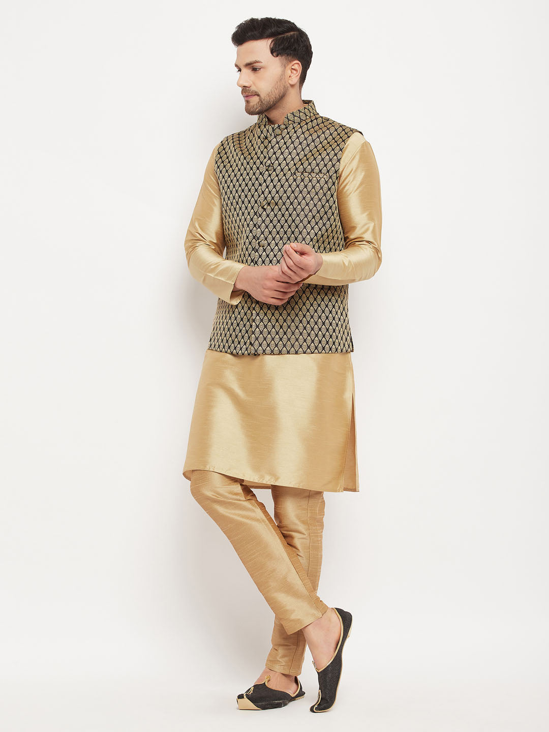 VASTRAMAY Men's Black Ethnic Jacket With Rose Gold Silk Blend Kurta and Pant Style Pyjama Set