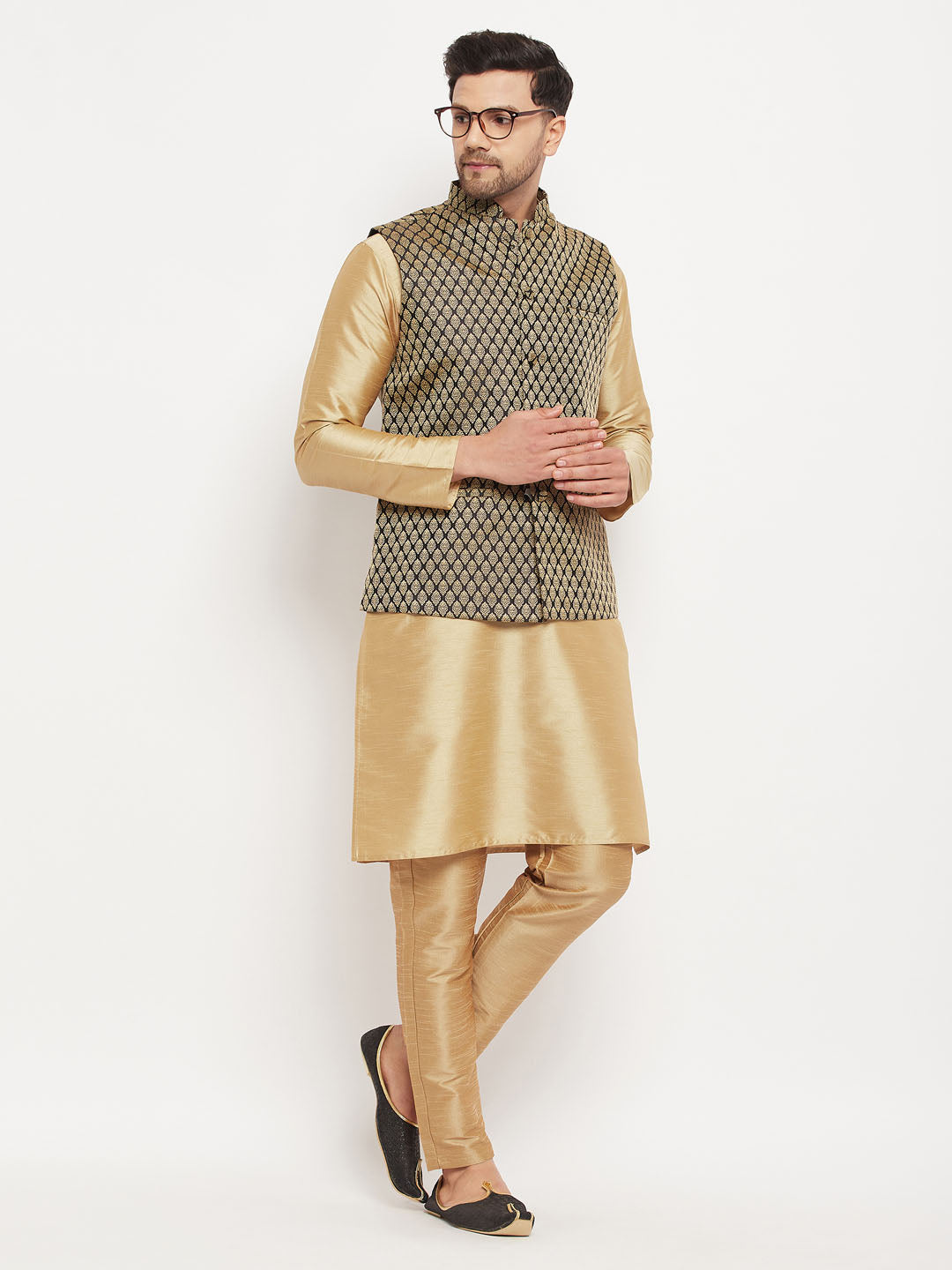 VASTRAMAY Men's Black Ethnic Jacket With Rose Gold Silk Blend Kurta and Pant Style Pyjama Set