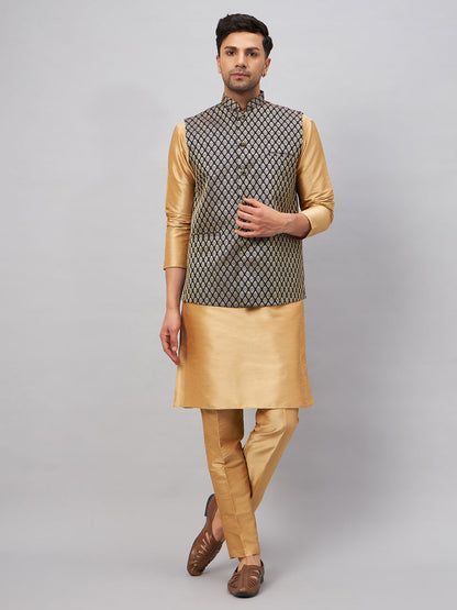 VASTRAMAY Men's Blue Ethnic Jacket With Rose Gold Silk Blend Kurta and Pant Style Pyjama Set