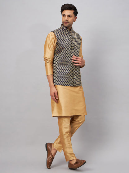 VASTRAMAY Men's Blue Ethnic Jacket With Rose Gold Silk Blend Kurta and Pant Style Pyjama Set