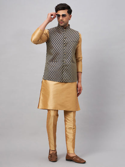 VASTRAMAY Men's Blue Ethnic Jacket With Rose Gold Silk Blend Kurta and Pant Style Pyjama Set