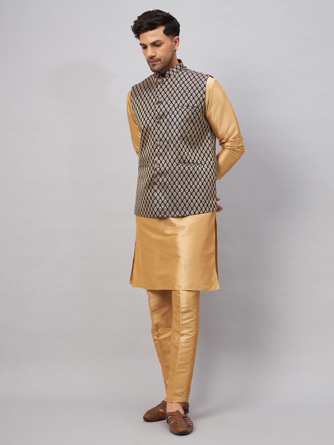 VASTRAMAY Men's Blue Ethnic Jacket With Rose Gold Silk Blend Kurta and Pant Style Pyjama Set