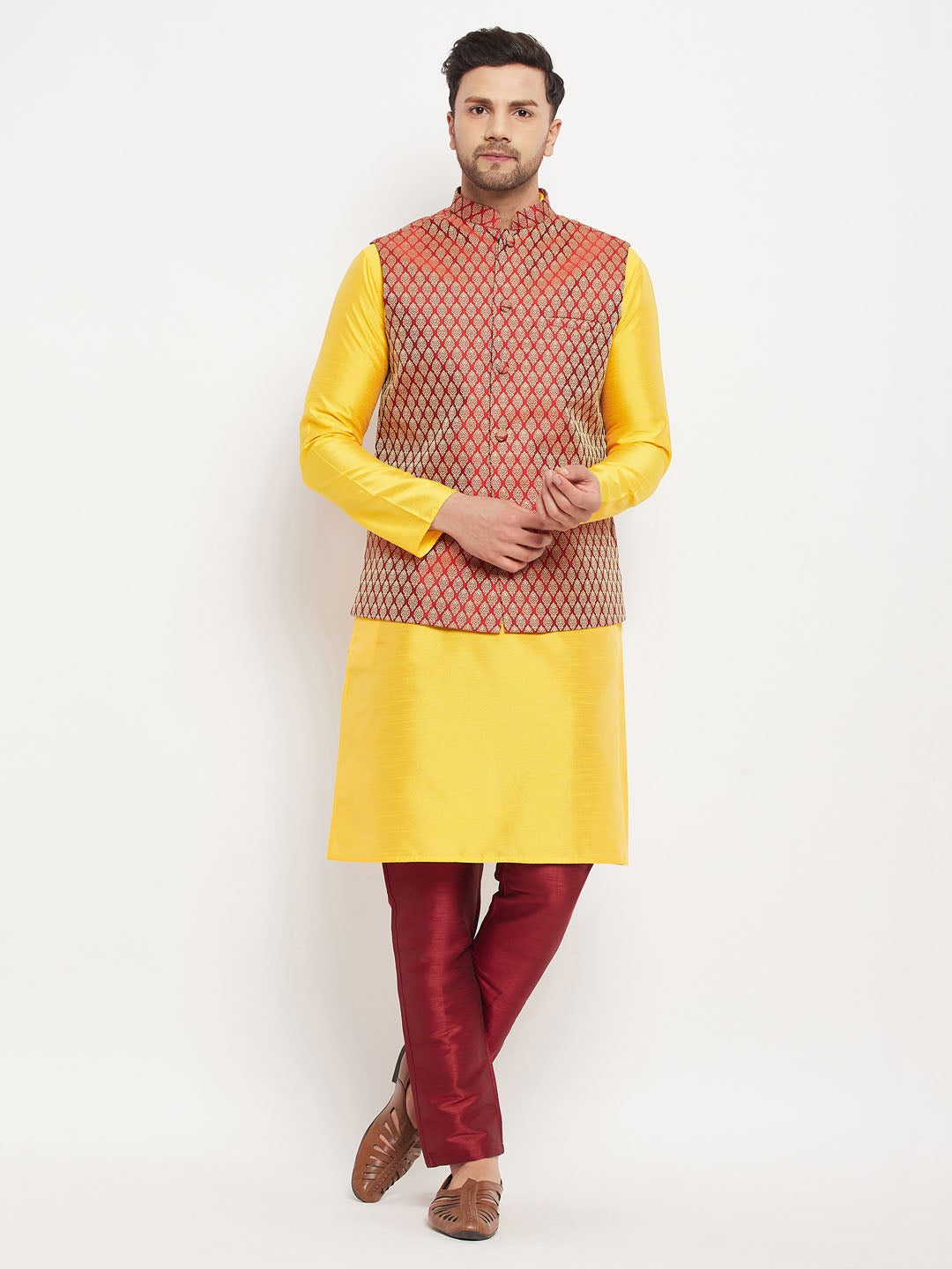 VASTRAMAY Men's Maroon Woven Ethnic Jacket, Yellow Kurta and Maroon Pant Style Pyjama Set