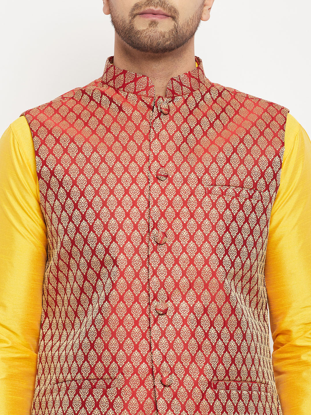 VASTRAMAY Men's Maroon Woven Ethnic Jacket, Yellow Kurta and Maroon Pant Style Pyjama Set