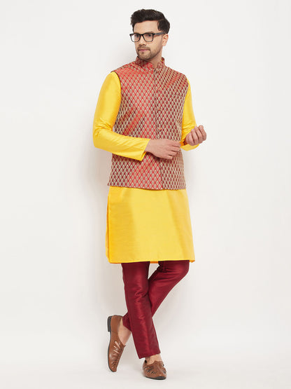 VASTRAMAY Men's Maroon Woven Ethnic Jacket, Yellow Kurta and Maroon Pant Style Pyjama Set