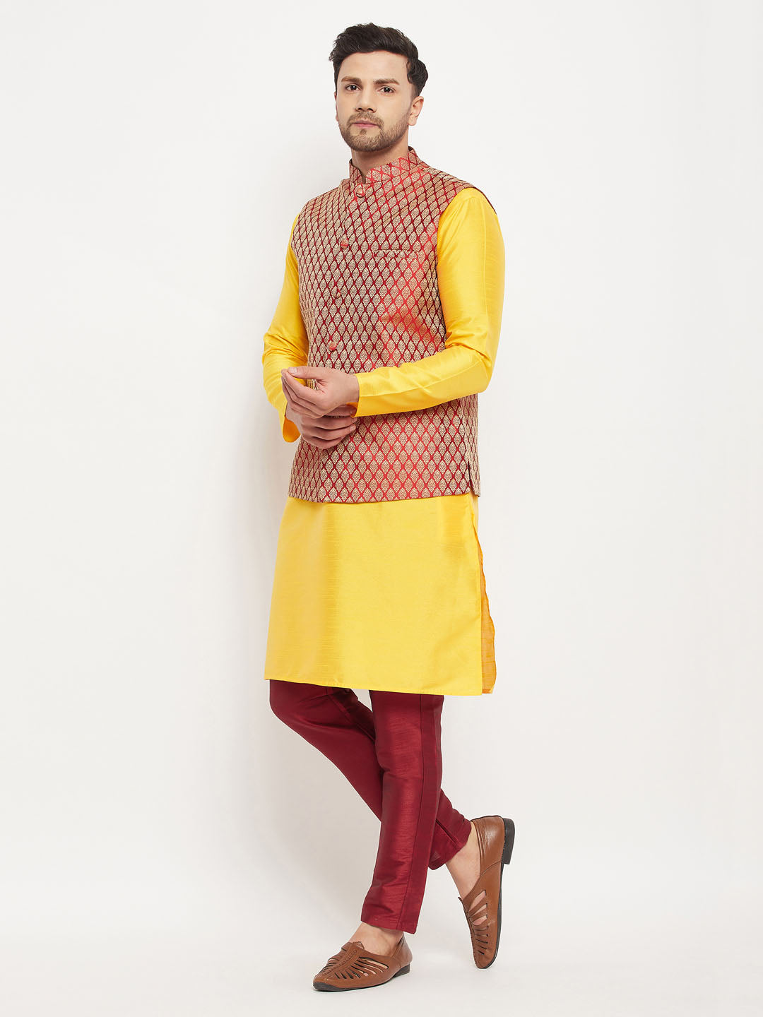 VASTRAMAY Men's Maroon Woven Ethnic Jacket, Yellow Kurta and Maroon Pant Style Pyjama Set